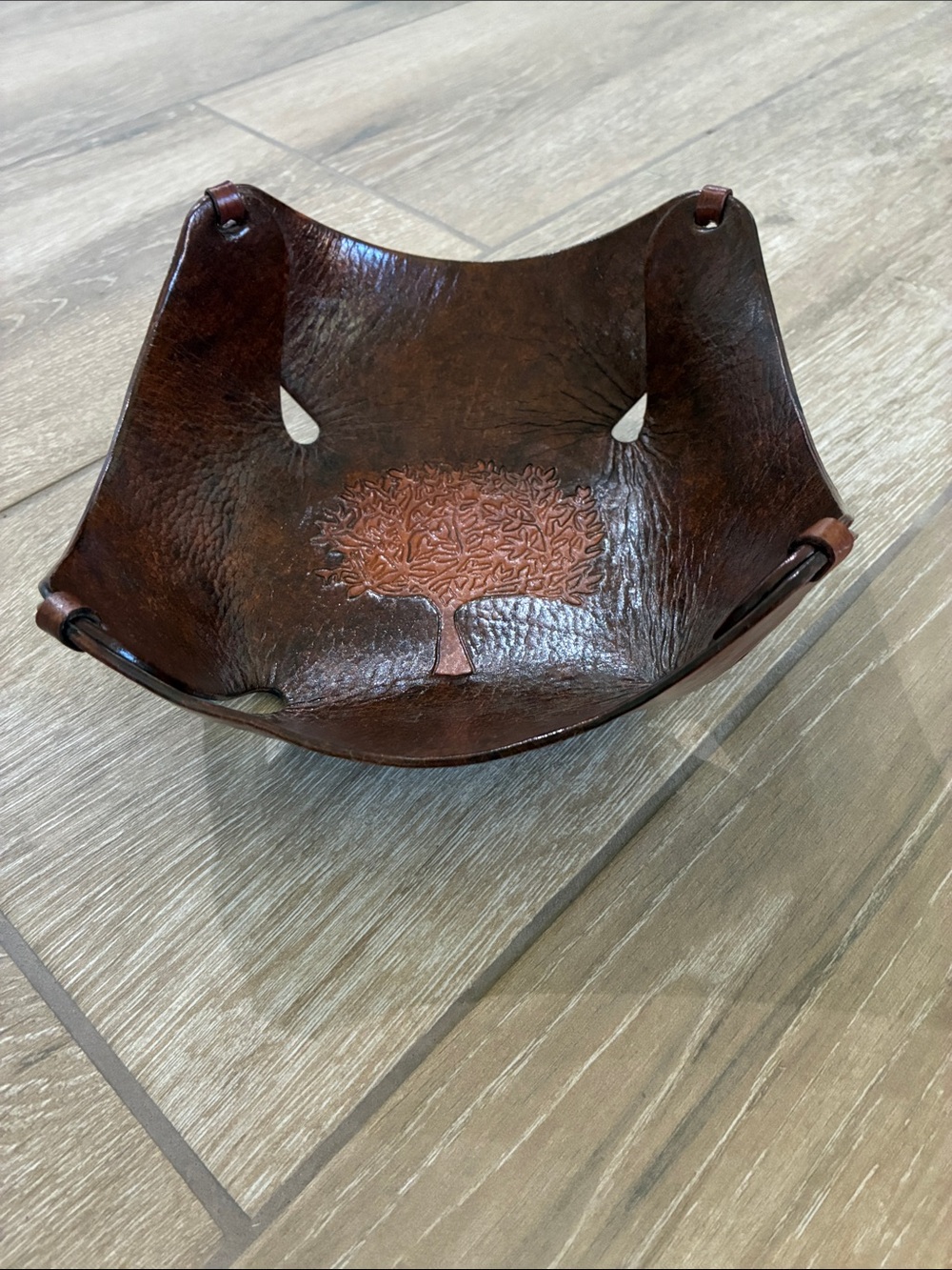 Handcrafted Leather Catchall Tray with Tree Motif - Brown